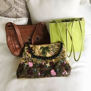 Vintage Purse Bundle, Beaded Embroidery, Animal Print Patch, Lime Leather